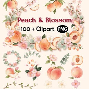 Peut inclure: Une collection numérique d'illustrations à l'aquarelle représentant des pêches, des fleurs roses et des feuilles vertes. L'ensemble comprend des pêches entières, des fruits tranchés, des branches fleuries, des couronnes et des pétales avec le texte Peach & Blossom 100 + Clipart PNG.