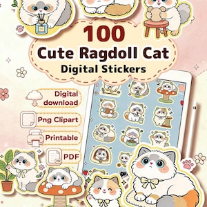 Peut inclure: Un ensemble de 100 autocollants numériques représentant des chats Ragdoll dans diverses postures, notamment en train de dormir, de jouer ou de manger. Le lot comprend des fichiers PNG, des documents imprimables et des formats PDF à télécharger.