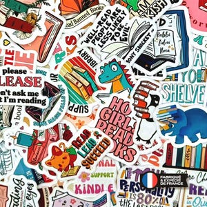 May include: A collection of assorted vinyl stickers featuring book-themed illustrations, colorful cartoon animals, and various motivational quotes about reading, including text like "Well-read people are less likely to be evil" and "Read lead succeed."
