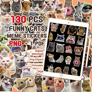Può includere: Una collezione digitale di 130 adesivi di meme di gatti divertenti con varie espressioni e costumi felini. Il set include file PNG e un documento PDF, visualizzati su uno schermo di tablet circondato da grafiche di singoli gatti.