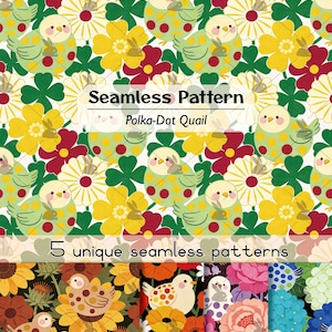 Peut inclure: Un graphique numérique présentant un motif répétitif d'oiseaux cailles vert clair à pois parmi des fleurs jaunes, rouges et blanches et des feuilles de trèfle vertes. Le texte indique Seamless Pattern Polka-Dot Quail et 5 unique seamless patterns.