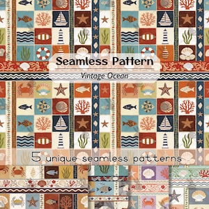 Seamless Vintage Nautical Grid Patchwork, Crab Starfish Ocean Fabric Wrap Tumbler Print, Commercial Digital Paper