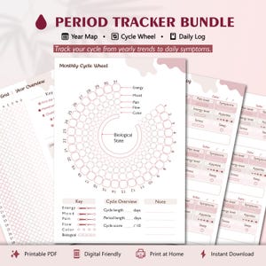 Peut inclure: Un ensemble de suivi de cycle menstruel comprenant une roue de cycle mensuel, un aperçu annuel et un journal quotidien. Les documents sont imprimés en rose et blanc, avec des sections pour noter l'énergie, l'humeur, la douleur et le flux.