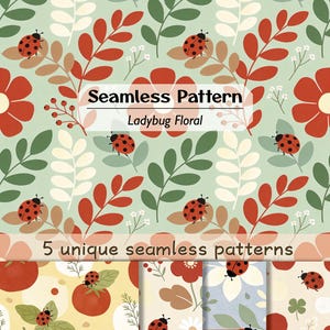 Peut inclure: Une collection de cinq motifs sans couture représentant des coccinelles, des fleurs rouges, des feuilles vertes et de petites fleurs blanches sur un fond vert clair. Le texte "Seamless Pattern Ladybug Floral" et "5 unique seamless patterns" est visible.