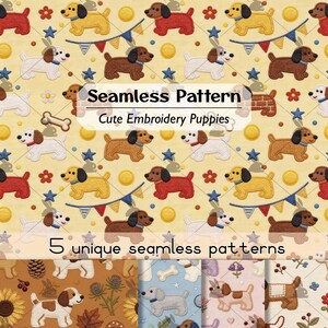 May include: A digital graphic featuring five seamless patterns of embroidered puppies in various colours and poses, interspersed with bones, stars, flowers, and bunting. The text Seamless Pattern Cute Embroidery Puppies and 5 unique seamless patterns is visible.