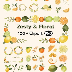 Peut inclure: Une collection d'illustrations à l'aquarelle de fruits citrins comprenant des citrons, des limes et des oranges, avec des fruits entiers, des tranches, des feuilles, des fleurs et des couronnes. Le texte Zesty & Floral 100 + Clipart PNG est centré.
