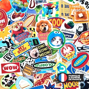 Può includere: Una collezione di adesivi colorati assortiti con varie illustrazioni tra cui un cane con la criniera da leone, un gatto con un cappello blu, una fetta di pane tostato, un'anguria, un pomodoro, una mucca e testi come Guess Who, Meow e Wow.