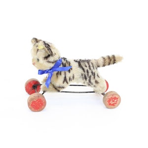 Vintage 1950s Steiff cat on wheels tabby cat mohair soft toy with button