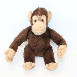 Vintage German monkey chimpanzee chimp ape jointed brown mohair straw filled soft toy with squeaker
