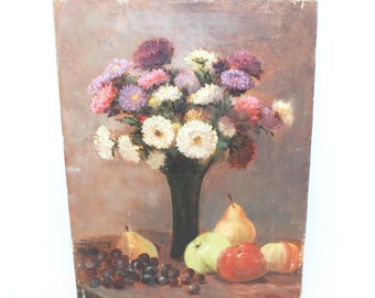 小さなヴィンテージ手描きの絵画、木製のボード上の花瓶に入った