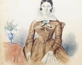 ビクトリア朝時代の喪服を着た女性の肖像画 水彩画 19世紀半ば - Etsy 日本