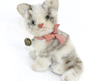 Vintage Steiff Susi kattminiatyr 1950-talets mohair mjukisdjur plysch med knapp
