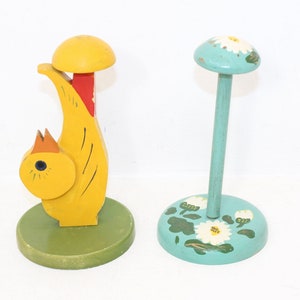 Vintage X2 1950s hat stand wooden hand painted floral novelty design wig stand