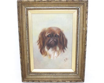 Retrato antiguo de un perro pequinés en su marco dorado original. Circa 1900.