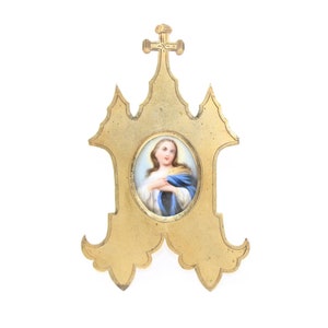 Antike französische Reise Schrein Messing mit Jungfrau Maria Porzellan Plakette Altar Oratorium