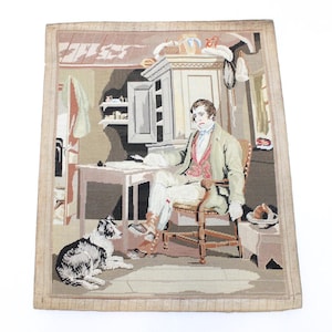 Antique Victorian man and dog needlework wool petit point tapestry woolwork