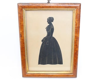 Antique Victorian silhouette portrait of lady woman with book full length cut paper with watercolour painting framed