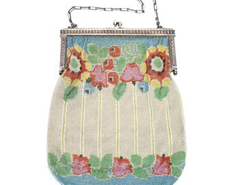 Antique 1920s handbag Sterling silver framed floral beadwork evening flapper bag