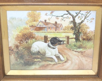 Antique Victorian dog terrier oil painting on glass pet dog portrait in original frame signed and dated 1895