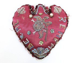 Antique Boer War sweetheart pin cushion beadwork silk pincushion Remember Me