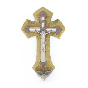 Antique French golden velvet cross crucifix holy water font with Jesus religious wall handing plaque