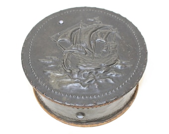 Antique Arts and Crafts box with ship galleon design hammered pewter with cabochon jewels