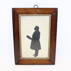 Antique Victorian Gentleman Silhouette Full Length Portrait Cut Paper & watercolour Framed