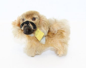 Pode incluir: Um pequeno cão de pelúcia com pelo marrom e nariz preto. O cão está usando uma coleira amarela e branca.