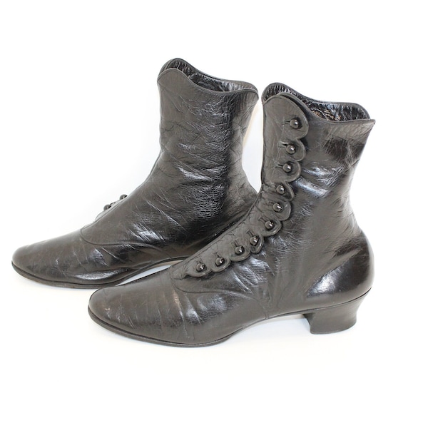 Antique original Victorian boots ladies black leather button up ankle boots shoes spats style