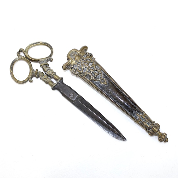 Antique Victorian dressmakers textile scissors ornate brass handles in matching leather sheath