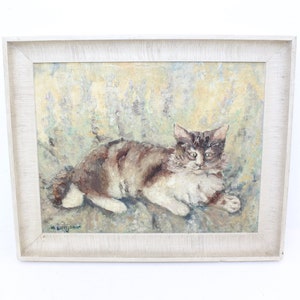 Vintage original oil on board painting of a cat pet portrait of long haired cat signed Circa 1960s 1970s