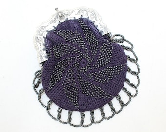 Antique Georgian purse solid silver frame crochet purple silk with beadwork beaded detail