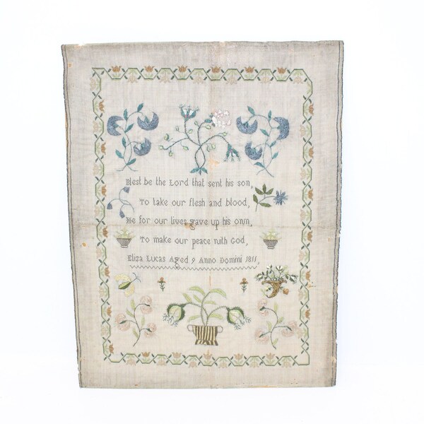 Antique Georgian needlework sampler silk flowers religious verse by Eliza Lucas 1811