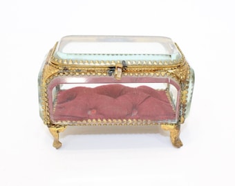 Antique French glass casket trinket jewellery box bevelled glass silk inner cushion wedding gift