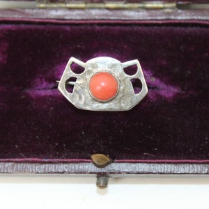 Antique Arts and Crafts silver brooch pin white metal with red stone early 1900s