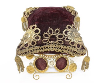 Antique French marriage wedding display cushion on stand burgundy red velvet tiara pillow 19th century