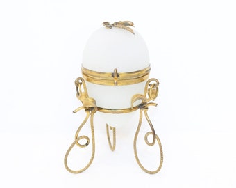 Antique French Egg perfume casket Palais Royal opaline glass with scent bottle