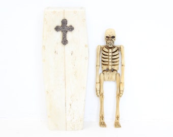 Vintage Memento mori carved bone articulated skeleton in coffin prisoner of war scrimshaw style