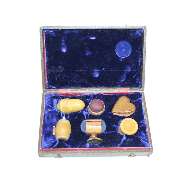 Antique Victorian sewing accessory set in presentation case tape measure pin cushion thimble case cotton reel