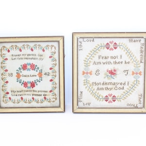 Antique Victorian pair small sampler cross stitch needlework religious dated 1842