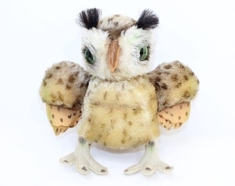 vintage années 1960 Steiff Mohair oiseau hibou Wittie mohair avec yeux en verre cadeau de peluche à collectionner avec bouton