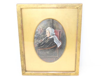 Antique Victorian watercolour painting side portrait of Elderly lady in original frame dated 1878
