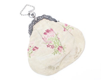 Antique Victorian Edwardian 800 sterling continental silver framed handbag bag embroidered floral fabric evening finger purse