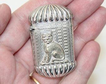 Antique Victorian sterling silver cat vesta case match safe Birmingham 1887
