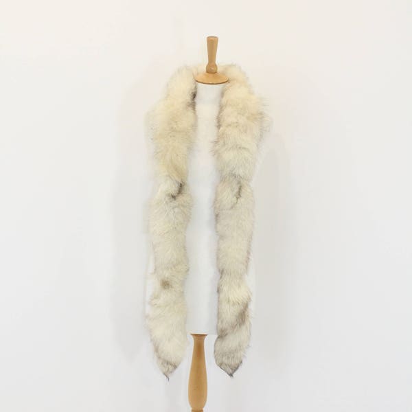 Vintage real arctic fox fur tails long boa scarf wrap stole cream white grey very fluffy