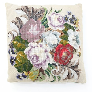 Antique Victorian beadwork floral needlework tapestry panel made into cushion