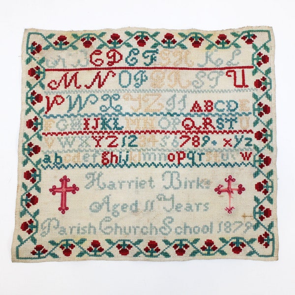 Antique Victorian cross stitch sampler alphabet child's religious needlework tapestry Harriet Birks 1879