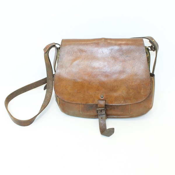 Vintage 1920s 1930s large French brown leather and brass train bus conductor shoulder bag Railway messenger handbag