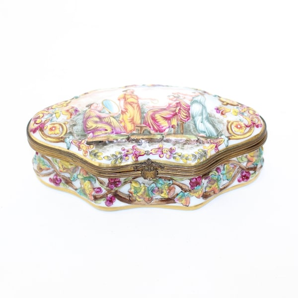 Antique Capodimonte Italian porcelain casket jewellery box hand painted