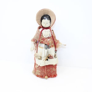 Antique German Wooden Penny Peg Doll Hand Carved Toy with Later Accessories & Clothes
